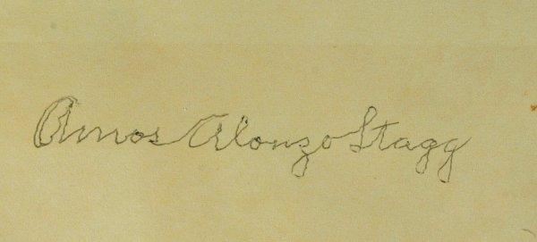 Legendary Coach AMOS ALONZO STAGG - Card Signed: Amos Alonzo Stagg (1862-1965) Coach. Stagg played end for Yale University and was chosen for the first All-America team in 1889. During his 41-year tenure at the University of Chicago he devised the e