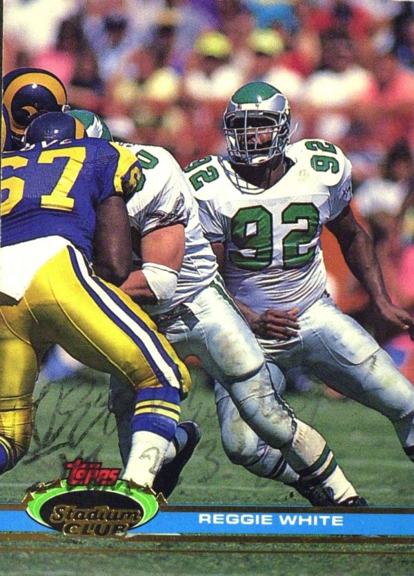 Defensive Lineman REGGIE WHITE - Trading Card Sig: Reggie White (1961-2004) Defensive lineman. White dominated the National Football League as one of its most ferocious defensive players. White habitually struck terror into opposing offenses with his 
