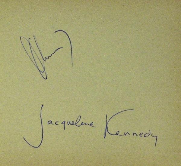 John and Jackie Kennedy - Album Page: John F. Kennedy (1917-1963) 35th President and Jacqueline Bouvier Kennedy (1929-1994) First Lady. 5" x 4 ½" album page signed by both. Light toning in the margins. Additional Images: