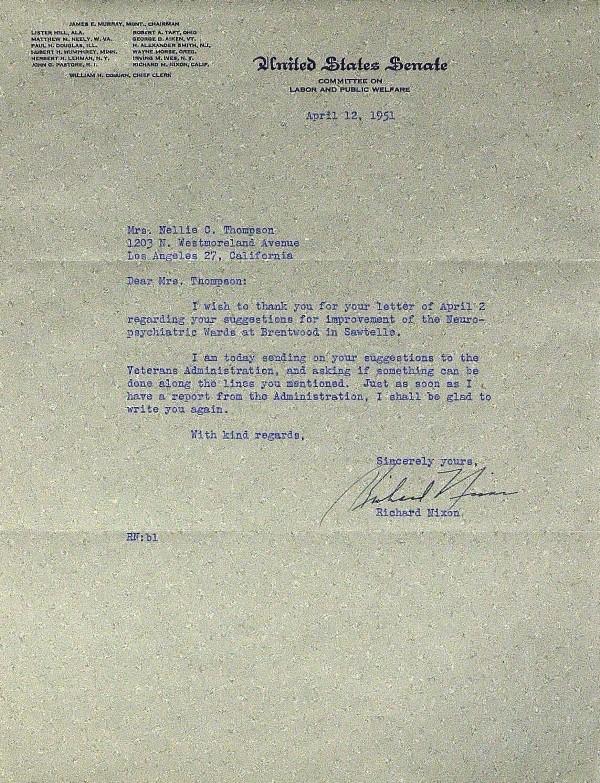 Richard M. Nixon - TLS April 1951: Richard M. Nixon (1913-1994) 36th President. 8" x 10" typed letter signed, United States Senate, April 12, 1951, to Mrs. Nellie C. Thompson. "…thank you for your letter…regarding your suggestions 