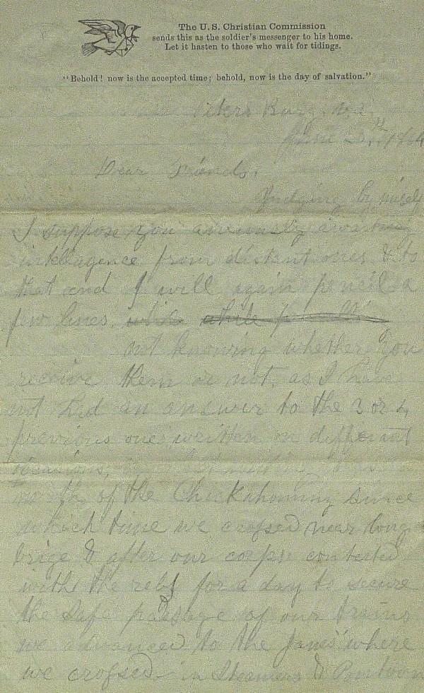 H. A. Sharp Ltr - June 20, 1864: Soldier Letters: June 1864 – Soldier Letter from Virginia. 4 ¾" x 8", four pages, autograph letter signed, "H. A. Sharp," (believed to be Henry A. Sharp from Linden, Maine), The U. S. Christi