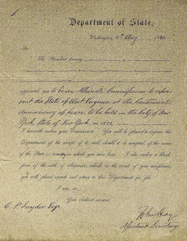John Hay - State Department Document: John Hay (1838-1905) Diplomat. Hay was the President Abraham Lincoln's assistant private secretary until Lincoln's death. He was appointed ambassador to Great Britain in 1847, and there he served his 