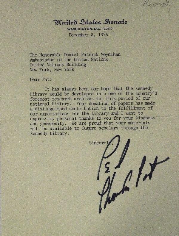 MA Seb Ted Kennedy - Two Typed Letters: Edward M. Kennedy. Two letters to New York Senator Daniel Patrick Moynihan: 6 ¼" x 4 ½" autograph note signed, "Ted," personal engraved stationery, March 1993. "…Thanks for your book a