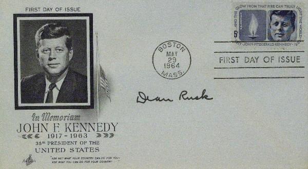 Secy State Dean Rusk - JFK Postal Cover: Dean Rusk (1909-1994) Statesman. Rusk was the Secretary of State from 1961 to 1969 under presidents John F. Kennedy and Lyndon B. Johnson. 6 ½" x 3 ½" first day of issue postal cover wit