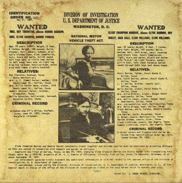 (Bonnie & Clyde) Wanted Poster: (Bonnie & Clyde). Bonnie Parker (1910-1934) and Clyde Barrow (1909-1934) were notorious robbers and criminals who traveled the central United States during the Great Depression. 8" x 8" wanted poster,