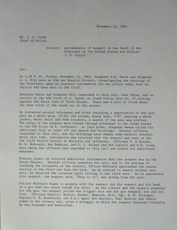 Oswald Report - Four Aresting Officers: (John F. Kennedy). The Arrest of Lee Harvey Oswald. 8 ½" x 11" contemporary typed copy of the official police report, November 22, 1963, to Dallas Police Chief J. E. Curry, regarding "Apprehens