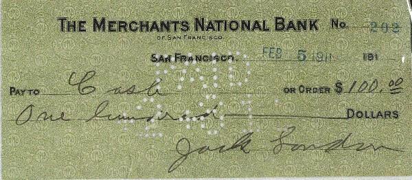 Jack London - Check: Jack London (1876–1916) Author. London's most famous book was The Call of the Wild written in 1903. He also authored The Sea-Wolf and White Fang. 6¼" x 2¾" check, written and signed, M