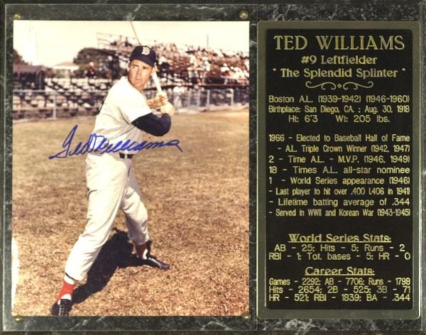 Ted Williams - Photo Plaque: Ted Williams. 8" x 10" color photograph, signed. Attached to a 15" x 12" wooden mount with a brass plaque to the right with his career statistics. Additional Images: