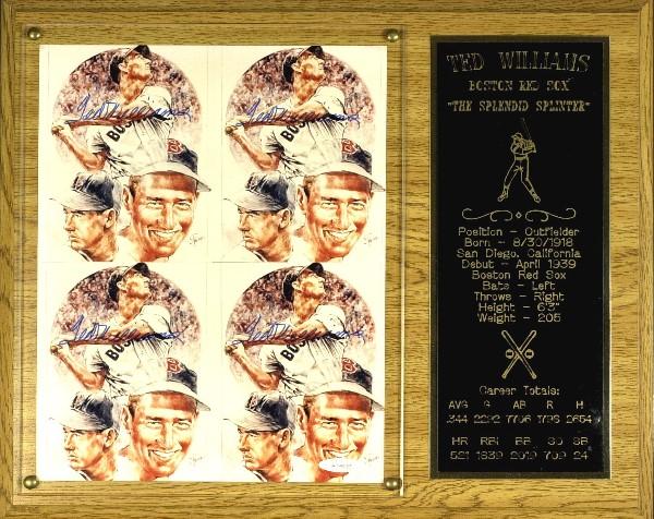 Ted Williams - Illustration signed four times: Ted Williams. 8" x 10" illustration of four identical renderings of Williams, signed four times within each quadrant. Attached to a 15" x 12" wooden mount with a brass plaque to the right with his car