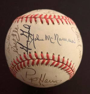 1996 California Angels Signed Baseball: 1996 California Angels baseball signed by over 25 members of the team including Pep Harris, Robert Ellis, Todd Greene, Darrell May, Greg Gohr, Jim Abbot, Jason Dickson and John McNamara. Official