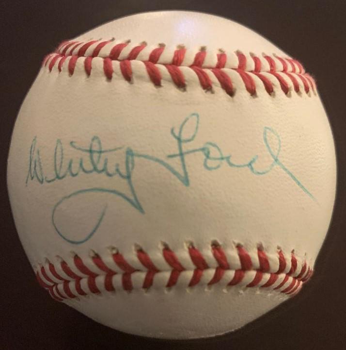 Ford,Whitey Signed Baseball: Edward Charles "Whitey" Ford (1928-2020) Pitcher. Ford played his entire 16-year Major League Baseball (MLB) career with the New York Yankees. He was elected to the Baseball Hall of Fame in 1974. Sign