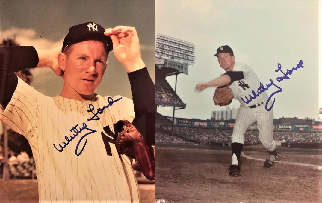 Ford,Whitey(2) Signed Photos: Edward Charles "Whitey" Ford (1928-2020) Pitcher. Ford played his entire 16-year Major League Baseball (MLB) career with the New York Yankees. He was elected to the Baseball Hall of Fame in 1974. Two 