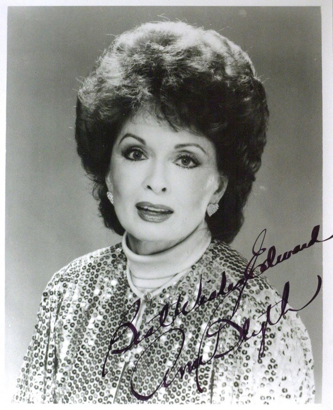 Actresses - Photos Signed by Six: Actresses. Six photographs signed by actresses Ann Blyth (1928- ) ( "Best Wishes Edward Ann Blyth"), Sally Field (1946- ) (10" x 8" as The Flying Nun), Rhonda Fleming (1923- ) ("To Edward – Regards 
