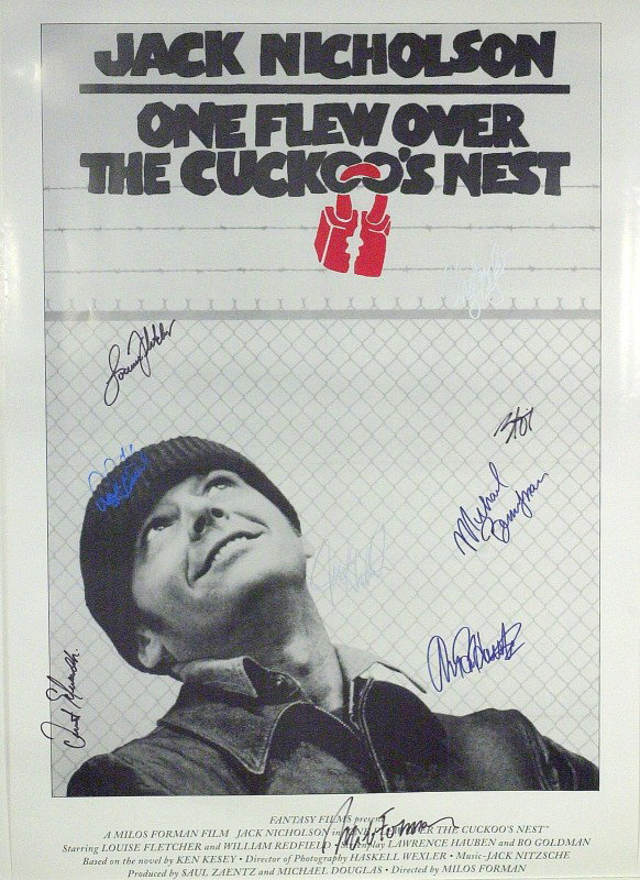 ONE FLEW OVER CUCKOO'S NEST-Cast Signed Poster: One Flew Over the Cuckoo's Nest. One Flew Over the Cuckoo's Nest was a 1975 film and based on the 1962 novel by Ken Kesey. Upon arrival at a mental institution, a brash rebel rallies the patients toge