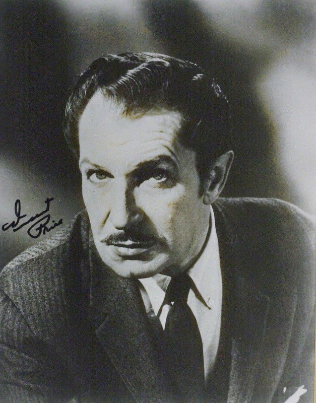 Actor VINCENT PRICE - Photo Signed: Vincent Price (1911-1993) Actor. Price came to be identified with gothic horror and crazed villainy through a series of leading film roles in the 1960s that were based on such Edgar Allan Poe poems an
