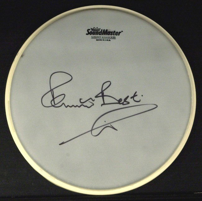 Beatles Drummer PETE BEST - Drumhead Signed: Pete Best (1941- ) Musician. Best original drummer for The Beatles. He was replaced by Ringo Starr, just weeks before the group would record their first single. "SoundMaster" drum head signed.