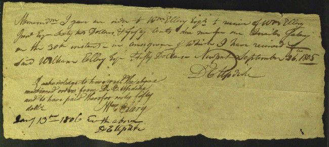 RI Signor WILLIAM ELLERY - Document Signed: William Ellery (1727-1820) Merchant. Ellery was among the fifty-six signers of the Declaration of Independence in 1776. Ellery also served as a judge of the Supreme Court of Rhode Island and by 1785 h