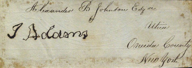 2nd President - JOHN ADAMS - Signature from Doc: John Adams (1735-1826) 2nd President. 5 ½" x 2" old age signature cut from a legal document, Utica, Oneida County, New York, no date. Scattered age spotting.