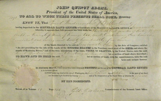 President JOHN QUINCY ADAMS - Landgrant: John Quincy Adams. 14 ¼" x 9 ¼" vellum partially printed document signed, Washington, D. C., October 22, 1825. The document is a land grant to Jacob Weidner for "…one hundred and sixty one acres a