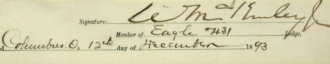 President WILLIAM McKINLEY - Matted Signature: William McKinley (1843-1901) 24th President. 7 ¼" x 1 ½" (exposed) signature, Columbus, Ohio, December 12, 1893 as a member of "Eagle # 7431 Lodge," matted with a printed photograph to 11" x 14".