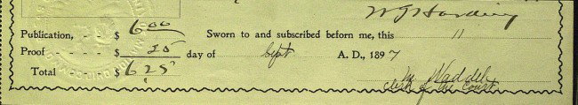 President WARREN G HARDING - Receipt Signed: Warren G. Harding. 7 ¾" x 1 ½" lower portion of a proof receipt from the Marion Star, signed, "W. G. Harding, September 11, 1897.