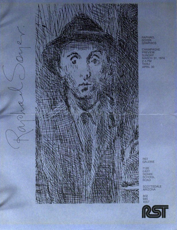 Russian Painter RAPHAEL SOYER - Flyer Signed: Raphael Soyer (1899-1987) Russian born painter. Soyer is identified as a Social Realist because of his interest in men and women viewed in contemporary settings which included the streets, subways, sa