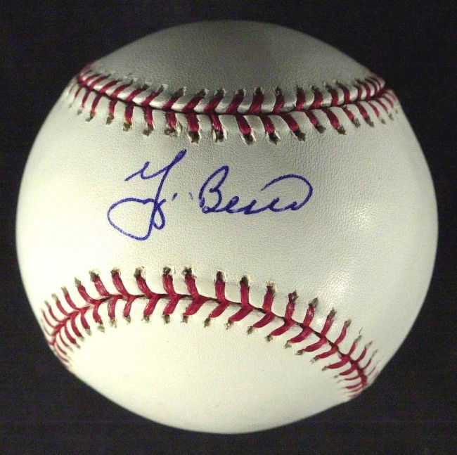 Yankee Catcher YOGI BERRA - ML Baseball Signed: Yogi Berra (1925- ) Berra was named to the American League All-Star team every year from 1948-62. He topped the 100-RBI mark four years in a row and became a three-time American League MVP in a career