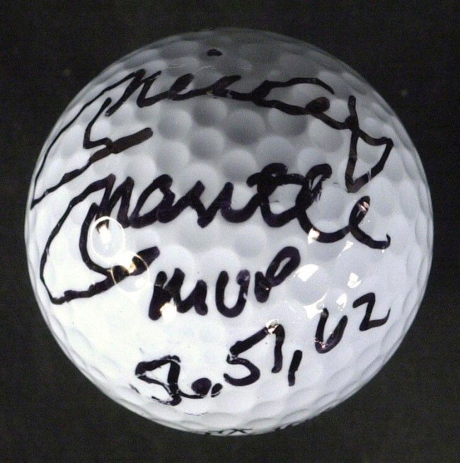 MICKEY MANTLE - Golf Ball Signed MVP: Mickey Mantle. TOP FLITE golf ball signed, "Mickey Mantle MVP 56, 57, 62."