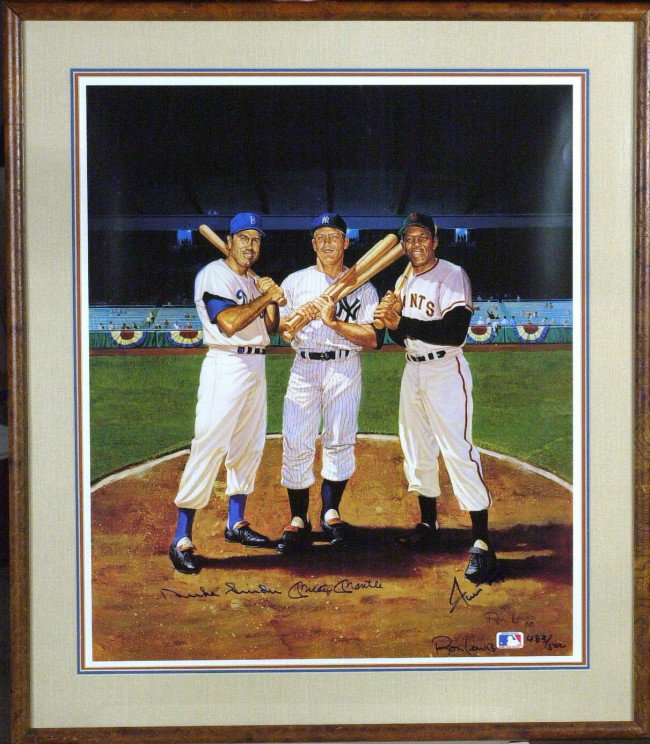 WILLIE, MICKEY & the DUKE-Numbered Litho Signed: Willie, Mickey and the Duke. 21" x 25" limited edition (483/500) color lithograph by artist Ron Lewis of legendary New York centerfielders Willie Mays, Mickey Mantle and Duke Snider (1926- ) Snider wa