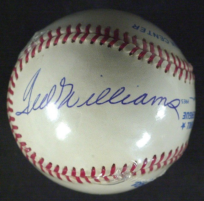 DiMAGGIO, WILLIAMS & MANTLE - Baseball Signed: Joe DiMaggio, Mickey Mantle and Ted Williams. Official American league baseball (Bobby Brown) signed. DiMaggio has signed on the "sweet spot".