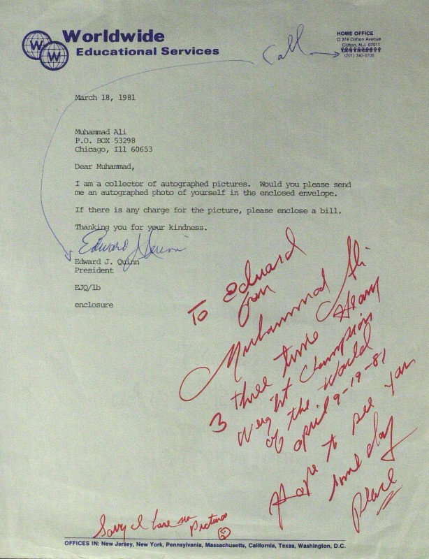MUHAMMAD ALI - Autograph Note Signed: Muhammad Ali. 8 ½" x 11" typed letter to Ali requesting an autographed photograph, March 18, 1981, upon which Ali has answered with an autograph note signed, in red ink. "To Edward from Muhammad Ali 
