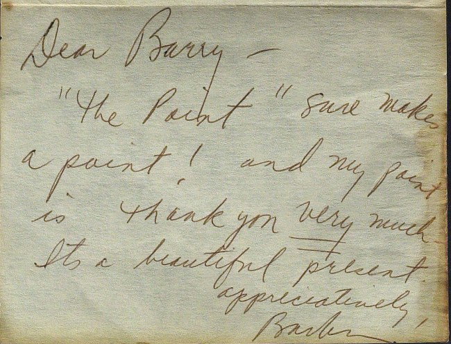Singer BARBRA STREISAND - Autograph Note: Barbra Streisand. 4" x 3" autograph note signed, "Barbra", personal note paper, no date, to "Barry." "'The Point' sure makes a point! And my point is thank you very much…." Toned and stained in the 