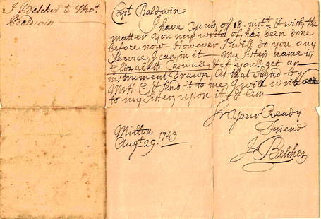 Colonial Governor JONATHAN BELCHER - ALS Aug 1743: Jonathan Belcher (1681-1757) Merchant, politician. Belcher served simultaneously for over a decade as colonial governor of the British colonies of New Hampshire (1729â€“41) and Massachusetts
