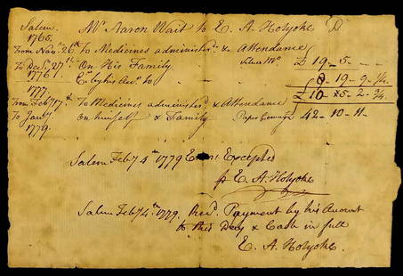 Colonial Physician EDW AUGUSTUS HOLYOKE - DS: Edward Augustus Holyoke (1728-1829) Physician, educator. Holyoke was an early proponent of innoculation against smallpox, it is estimated he vaccinated 600 persons during his career against the