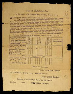 1779 MASSACHUSETTS BROADSIDE - *Rare*: 1779 Massachusetts Broadside. 7 ¾” x 9 ¾” printed document, “State of Massachusetts. In the House of Representatives, June 8, 1779,” signed in type by Speaker, John