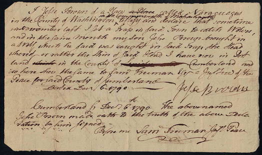 WOLF BOUNTY - Paid for One Wolf 1790: Wolf Bounty. 7 ½” x 4 ¼” document, Commonwealth of Massachusetts, Narraguagus, December 6, 1790. The document is a request for payment to Jesse Brown who declares that he