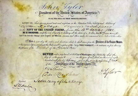 10th Pres JOHN TYLER - Naval Appointment Signed: John Tyler (1790-1862) 10th President. 11” x 8” vellum document signed, Washington, August 25, 1845. The document is a naval appointment for William Kellayo as midshipman, it is