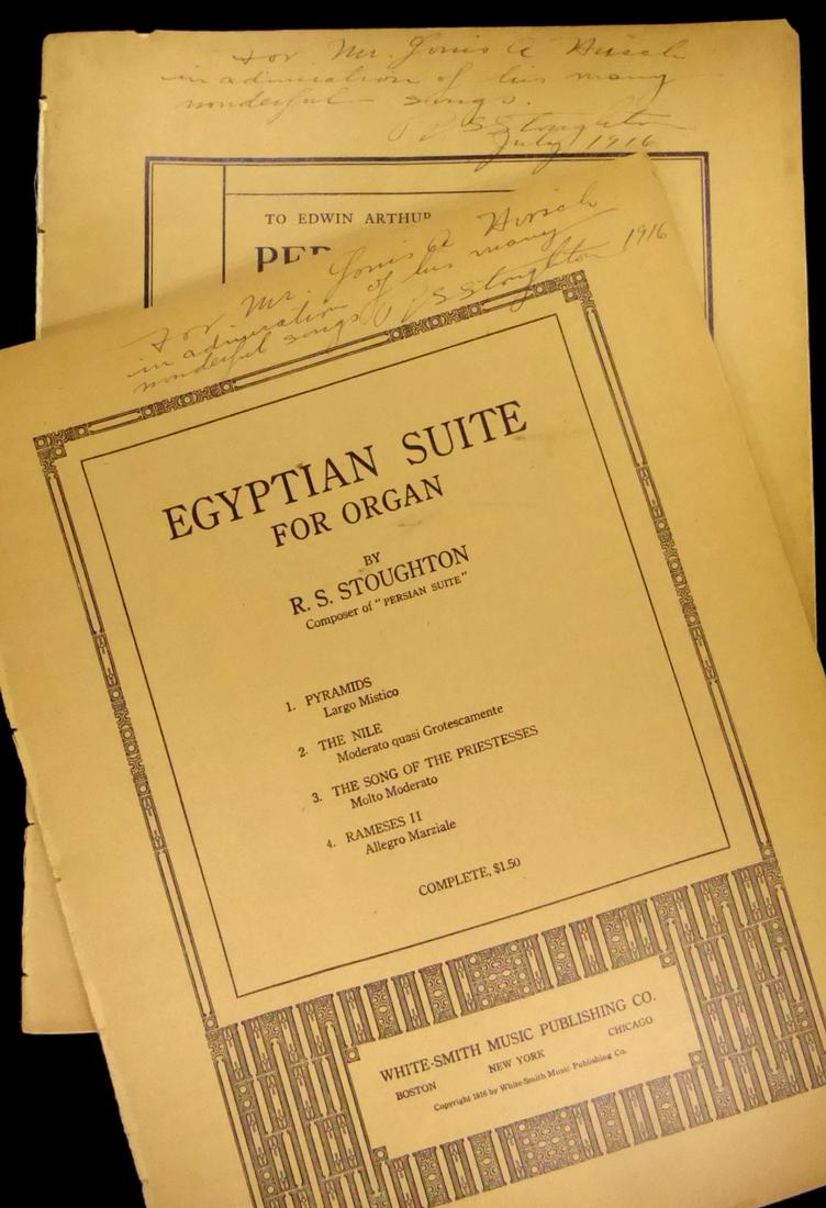 Composer ROY SPAULDING STOUGHTON - Sheet Music: Roy Spaulding Stoughton (1884-1953) Composer. Stoughton was an organist and prolific composer of music for the organ. Two 9 ½” x 12” multi-page pieces of sheet music, inscribed and si