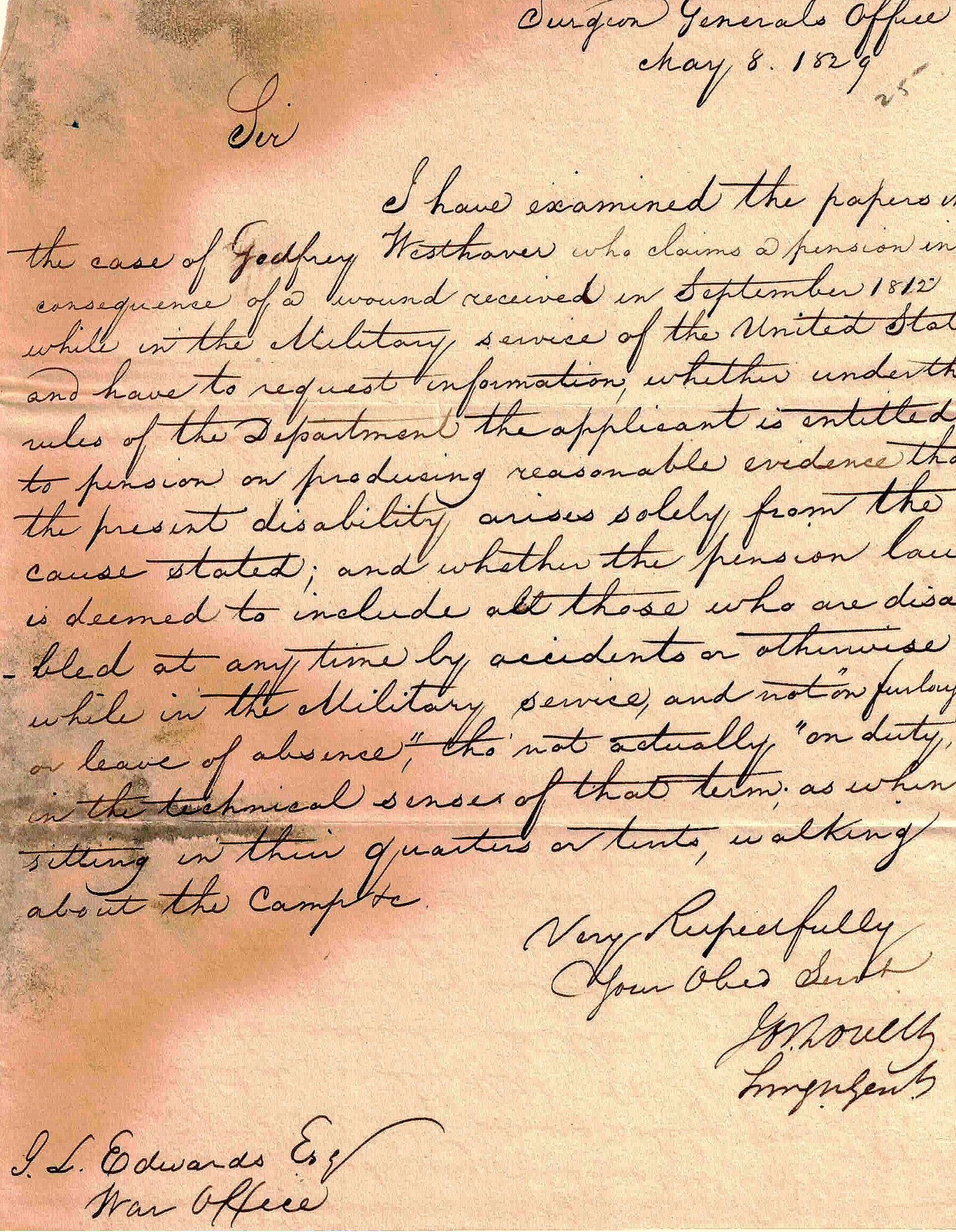 Surgeon JOSEPH LOVELL - Letter Signed: Joseph Lovell (1788-1836) Surgeon. Lovell was the first Surgeon General to sit on the reorganised army staff at the tender age of 29 in 1818. He approached the assignment with a keen intellect, medica