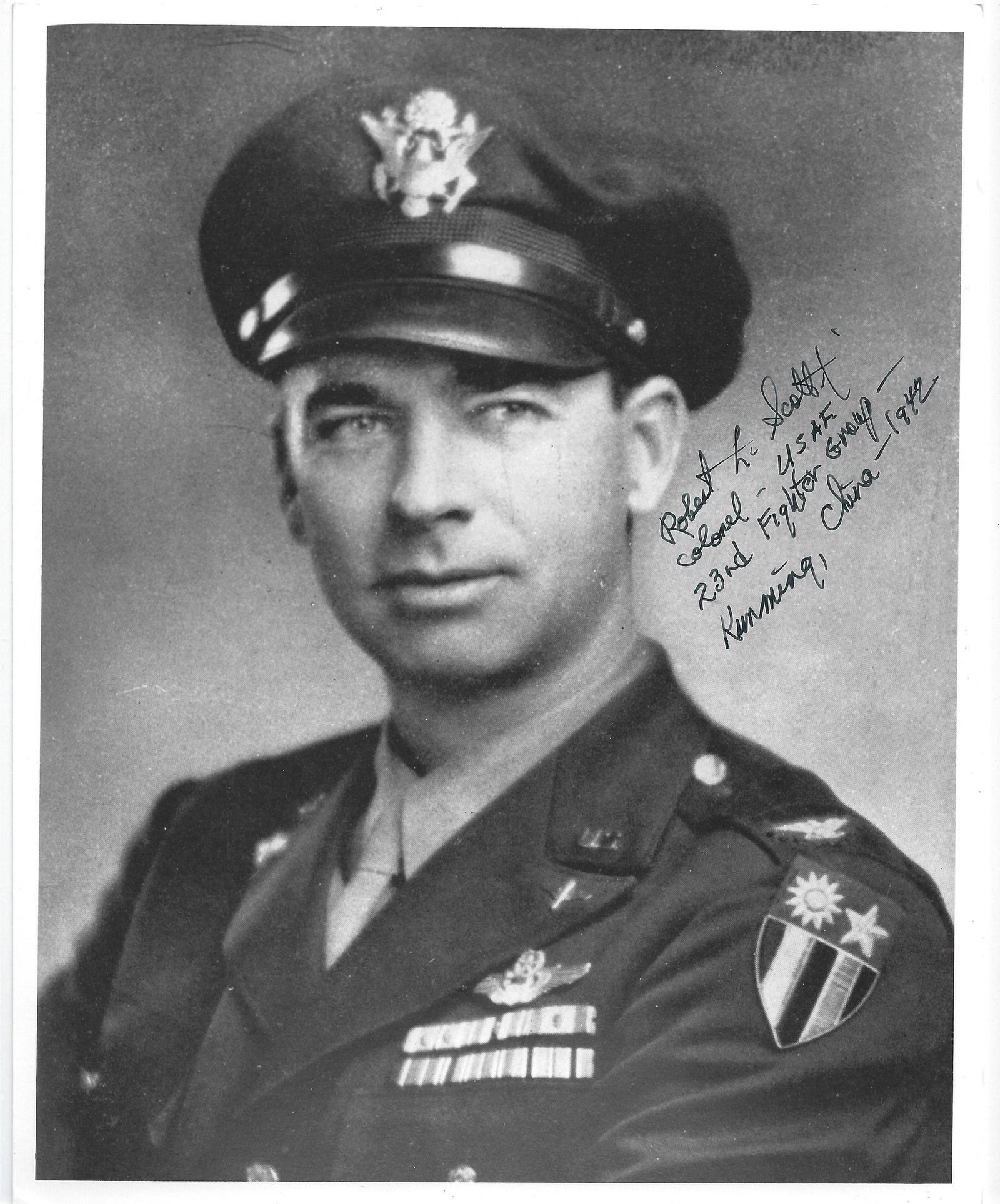 Air Ace, Gen ROBERT LEE SCOTT - Photo Signed: Robert Lee Scott, Jr. (1908-2006) General, flying ace. Scott was a flying ace of World War II, credited with shooting down 13 Japanese aircraft. He is best known for his memoir, God is My Co-Pilot (19