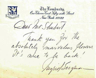 Swedish Actress INGRID BERGMAN - Autograph Note: Ingrid Bergman (1915-1982) Swedish actress. Bergman starred in the classic Casablanca, forging an international film career that would see her featured in pictures like Spellbound and Viaggio in