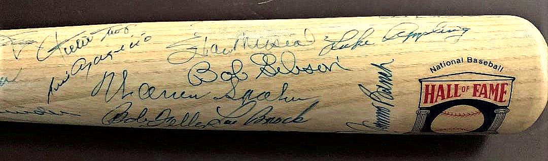 COOPERSTOWN BAT - Signed by Forty-Five HOFers: Cooperstown Bat. A signed Cooperstown Adirondack bat signed by (45) members of the Baseball Hall of Fames. Signing are: Hank Aaron, Mel Allen, Luis Aparicio, Luke Appling, Ernie Banks, Al Barlick, Joh