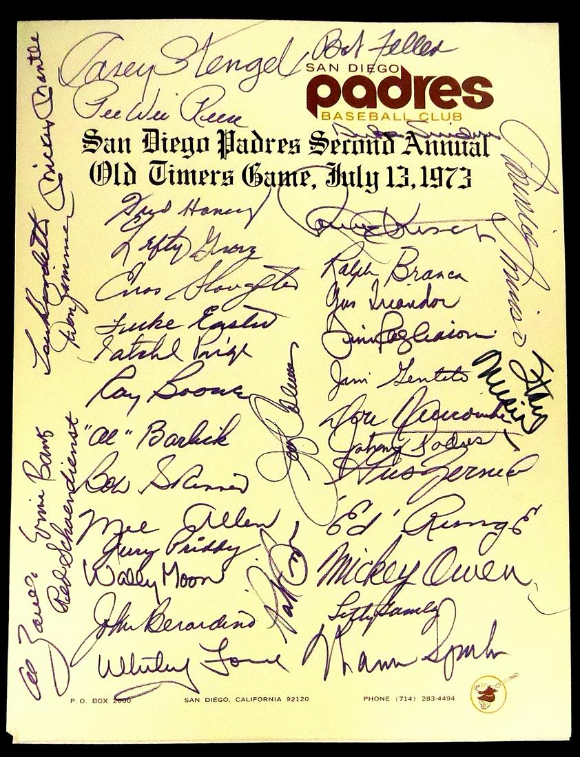 1973 OLD TIMERS GAME - Sheet Signed by Thirty-Nine: 1973 San Diego Padre Old Timers Game. 8 ½” x 11” sheet signed by thirty-nine former players, including sixteen members of the Hall of Fame: Mel Allen, Ernie Banks, Al Barlick, Bob Fel
