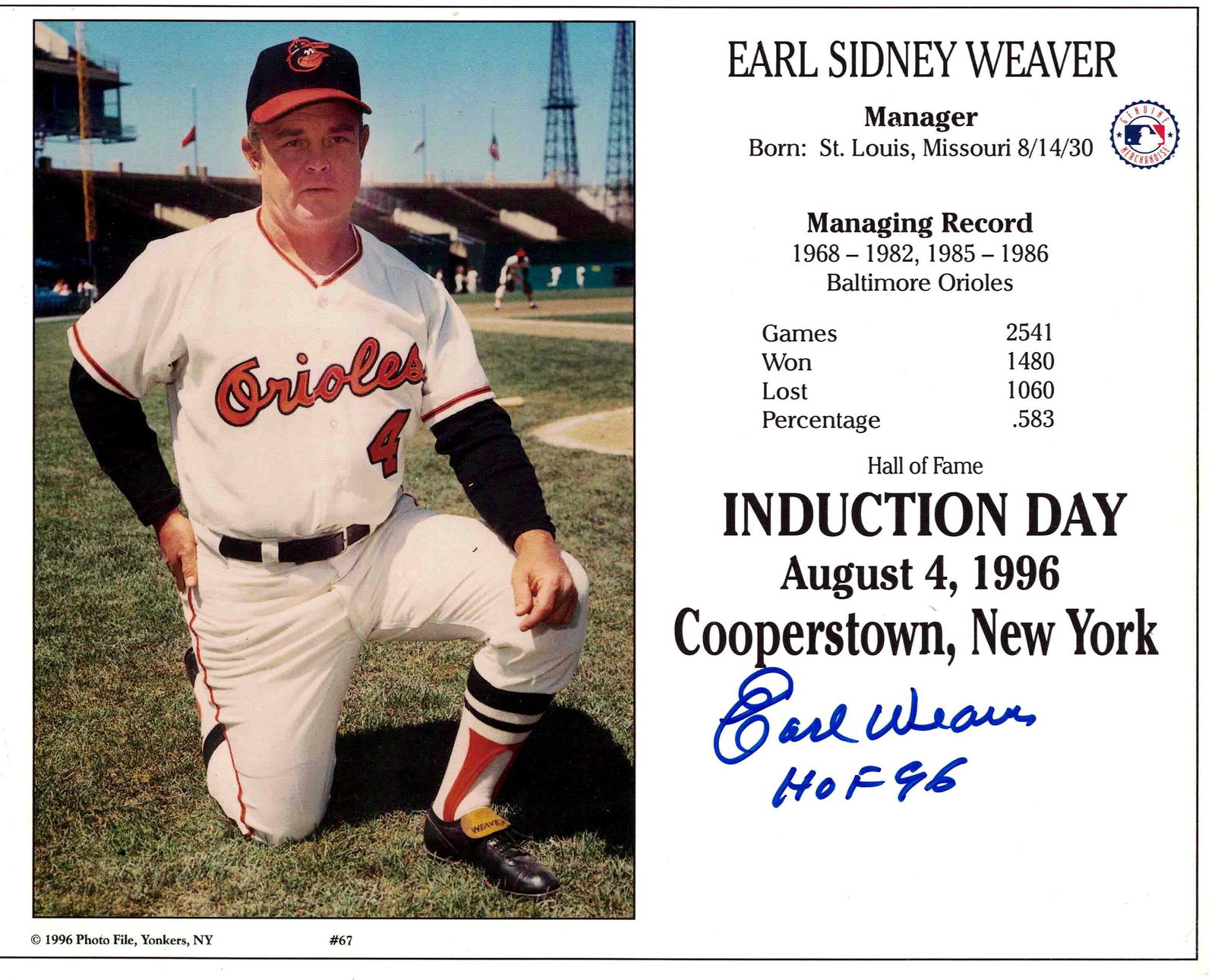 Oriole Mgr EARL WEAVER - HOF Induction Card Signed (1 of 1)