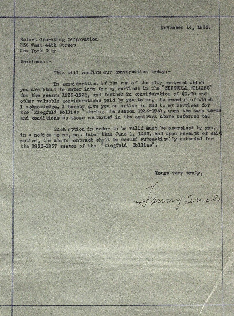 Funny Girl FANNY BRICE - Contract Signed: Fanny Brice (1891-1951) Comedienne, singer. Brice is best remembered as the creator and star of the top-rated radio comedy series, The Baby Snooks Show. Thirteen years after her death, she was portray