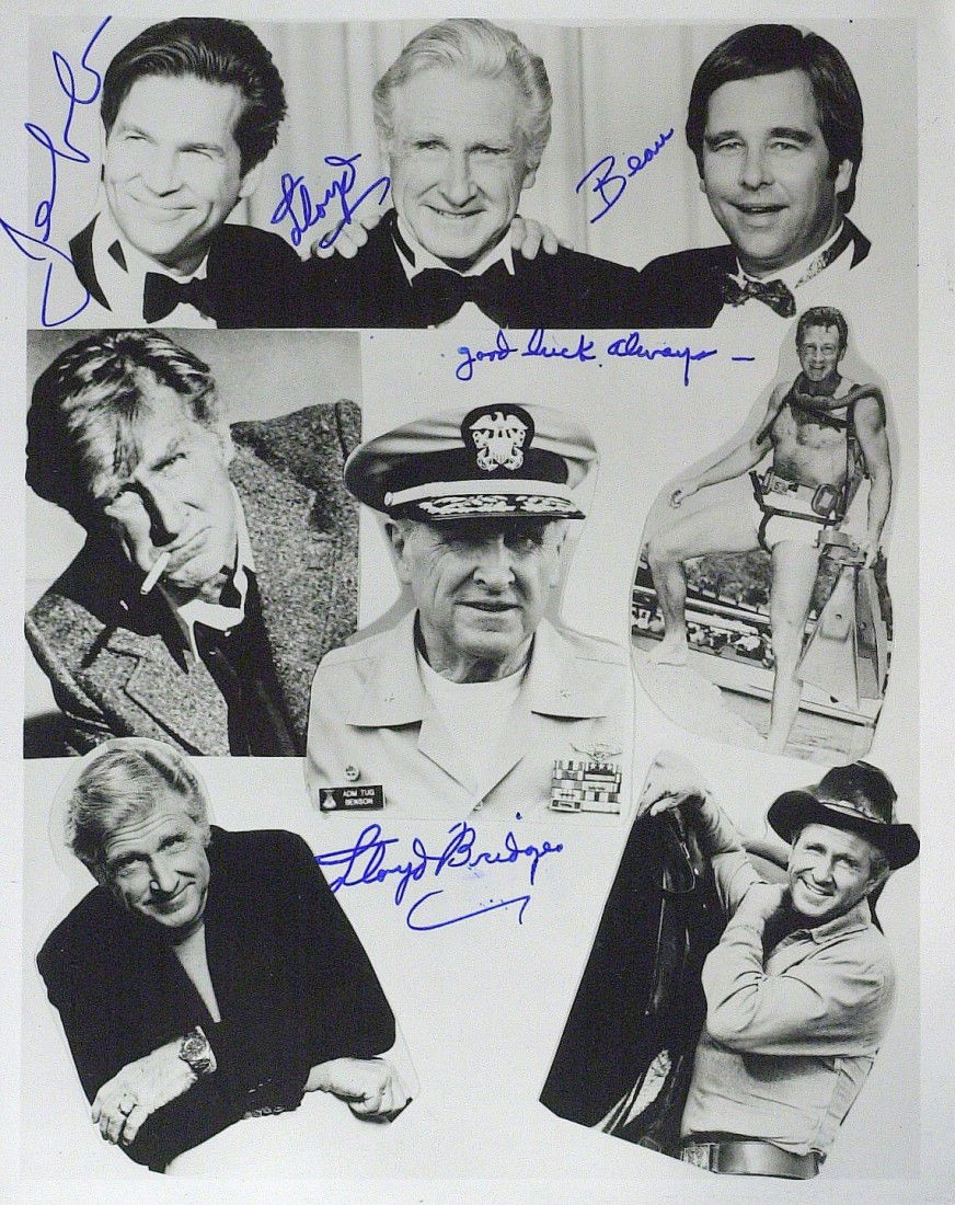 LLOYD, JEFF & BEAU BRIDGES - Photo Signed: Lloyd Bridges (1913-1998) with Beau and Jeff Bridges Actors. Lloyd Bridges starred in a number of television series and appeared in more than one hundred-fifty feature films. He is best known for his