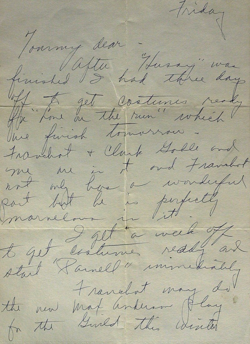JOAN CRAWFORD - ALS Great Theatrical Content: Joan Crawford. 7 ¼" x 10 ½" autograph letter signed, "Joan," two pages, front and back, "Friday" ( September 14, 1936), to Tommy Thompson. "…After 'Hussy' was finished I had three days off to get 
