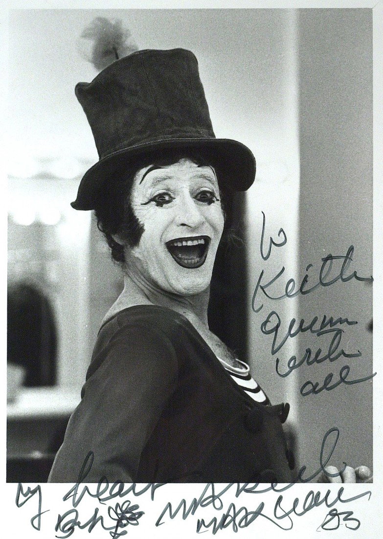 MARCEL MARCEAU - Photo Signed: Marcel Marceau . 5" x 7" black and white photograph signed, "To Keith Quinn with all my heart Marcel Marceau 83." He has added his customary small flower.