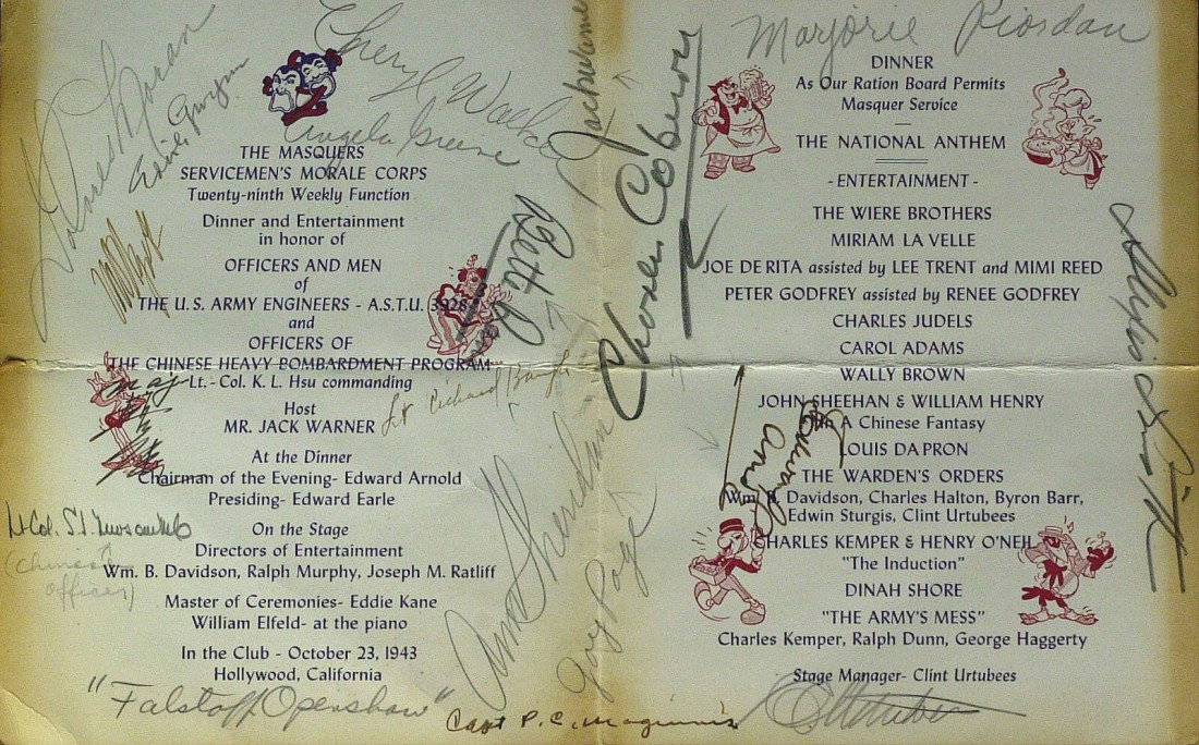 1943 Servicemen's Dinner - Program Signed By Twelv: 1943 Masquers Servicemen's Morale Corps Dinner. Jack Warner hosted a dinner honoring the "Officers and Men of the U. S. Army Engineers…and Officers of the Chinese Heavy Bombardment Program…" on Oc