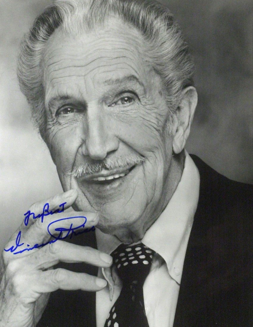 VINCENT PRICE - Photo Signed: Vincent Price (1911-1993) Actor. Price came to be identified with gothic horror and crazed villainy through a series of leading film roles in the 1960s that were based on such Edgar Allan Poe poems an